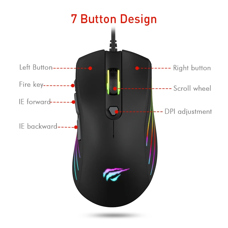 Говит игровая мышь RGB с подсветкой 7200 dpi программируемая 7 кнопок USB Проводная оптическая мышь геймер для ПК компьютер ноутбук HV-MS762
