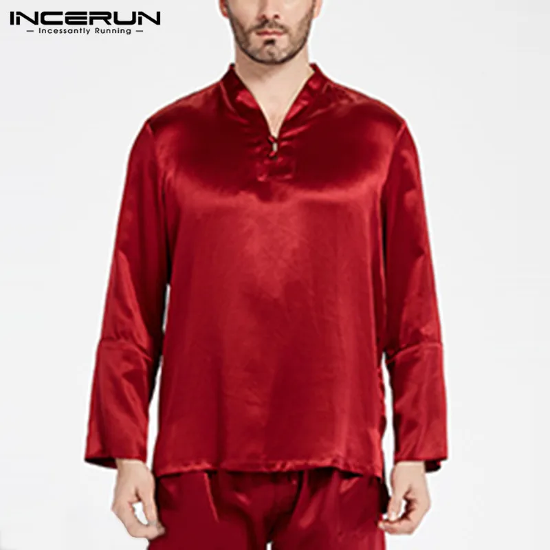 INCERUN Plus Size Silk Satin Men Payamas Sleep Tops Long Sleeve V-neck Tee Shirt Solid Color Fashion Homewear Soft Men Sleepwear