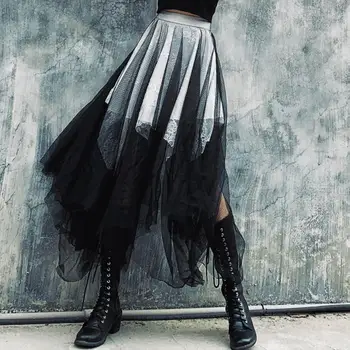 

irregular high waist wild mesh skirt black women fahsion patchwork ball gown skirt