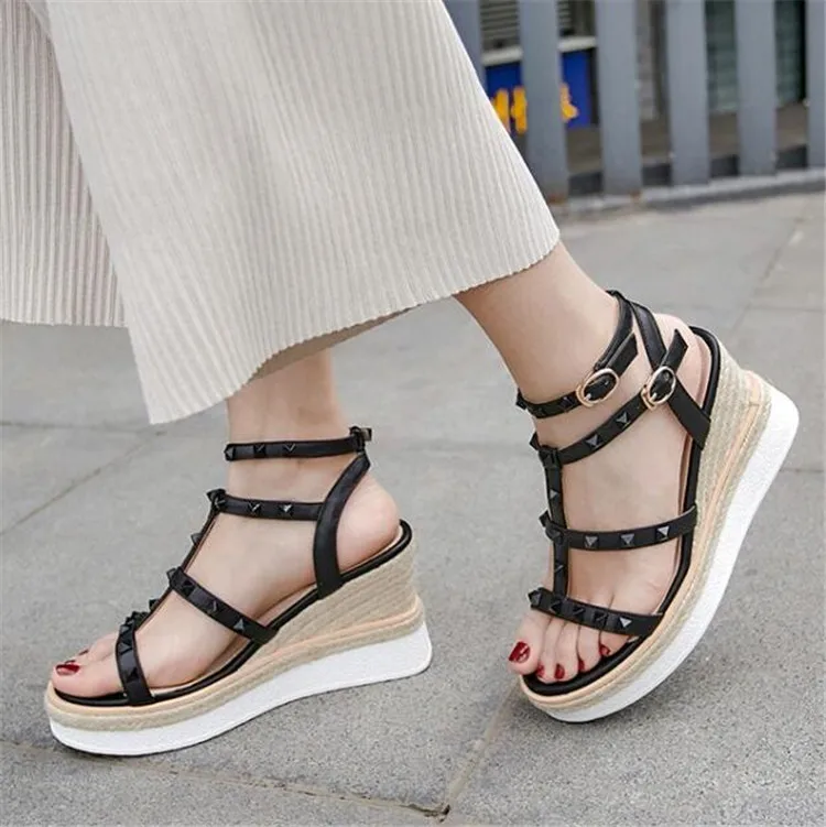 

PXELENA Hot Punk Gothic Rock Rivet Gladiator Sandals Genuine Leather Women Shoes T tied Rivet Hollow Out Wedge High Heels Ladies