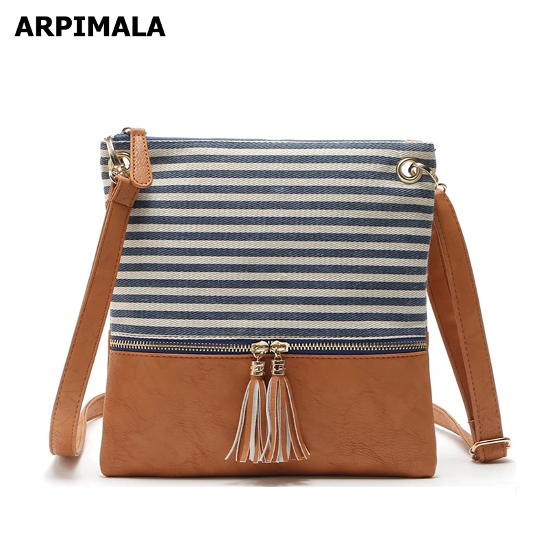 ARPIMALA Canvas Crossbody Bag Lady Striped Blue Handbags Casual Tassel Women Messenger Bags ...