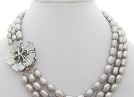 

huij 003654 3Strds 10x8mm Grey Pearl Necklace