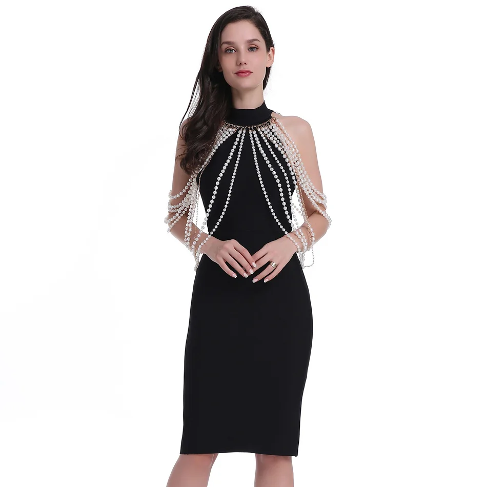 

Elegant Metal Chain Bandage Vestido Women Dress Halter Beading Backless Sleevless Pearl Embellished Back Slit Femme Dress