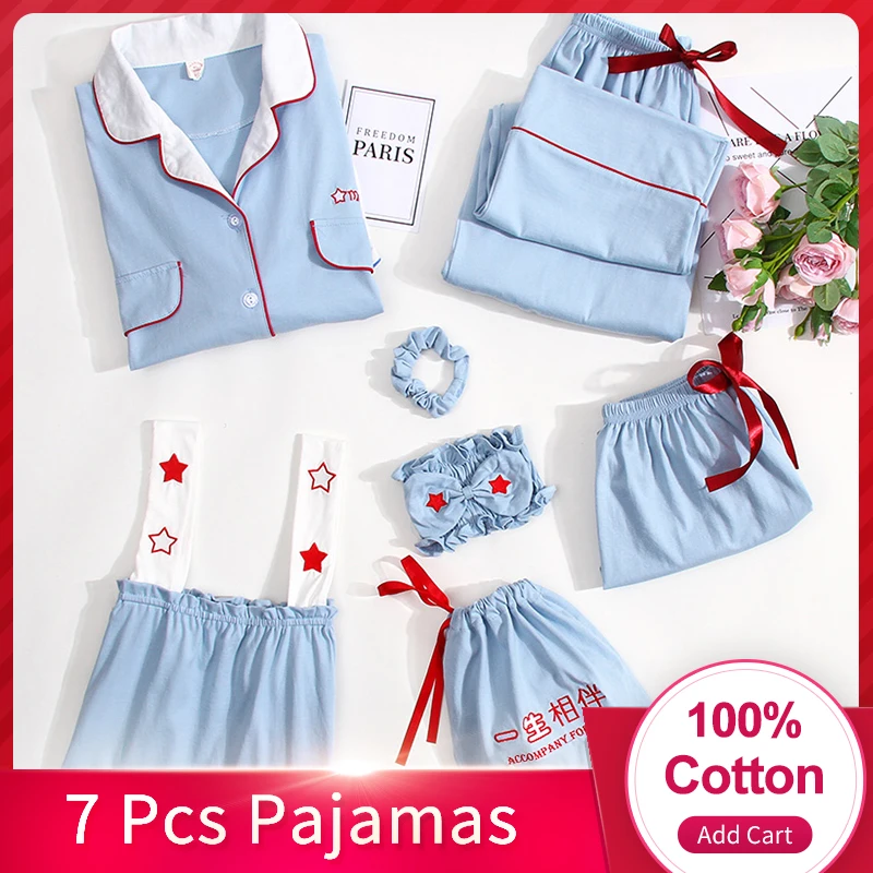 

Women 100% Cotton Pajamas 7 Pieces Pyjama Set Sleep Clothes Sleepwear Suit for Lady 7 Pcs Negligee Nightwear 100% Cotton Pajamas