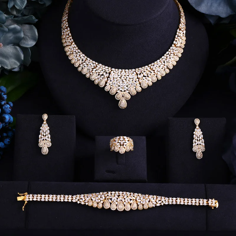 Luxury gold color Elegant Shape Bridal CZ necklace earring bracelet