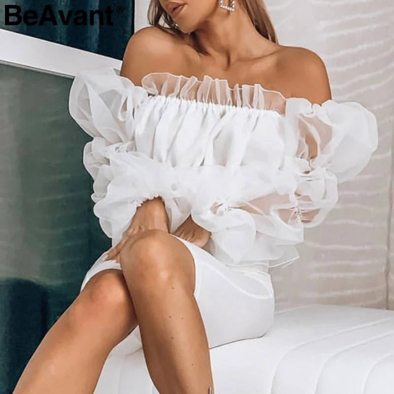 BeAvant, белый женский короткий топ с открытыми плечами, прозрачный сетчатый рукав, женские топы, рубашки, вечерние, Клубные, с вырезом лодочкой, женские шикарные топы, майки