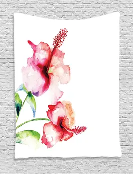 

Watercolor Flower Decor Tapestry Wall Hanging Hibiscus Flowers on Plain Background in Pastel Colors Nature Home Decor