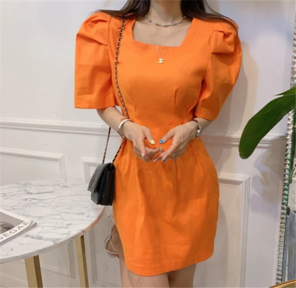 RUGOD корейское женское платье с квадратным воротником модное ТРАПЕЦИЕВИДНОЕ элегантное офисное женское платье vestidos ropa mujer платье - Цвет: Оранжевый