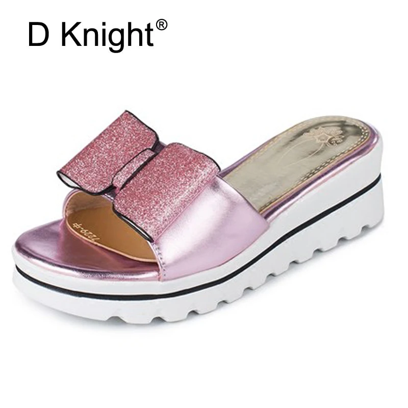 

Glitter Bow Slippers Summer Beach Wedges Sandals Casual Platform Shoes Woman Bling High Heels Flip Flops Women Shoes Gold Silver