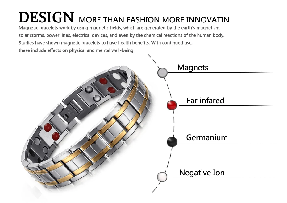 WelMag, мужские магнитные браслеты, браслеты из нержавеющей стали, серебро, золото, мощный терапевтический браслет, двухрядный германиевый браслет для здоровья
