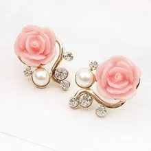 2017 Romantic Sweet Earing Rose Artificial Pearl Stud Earrings Fine Jewelry For Women Girls M564