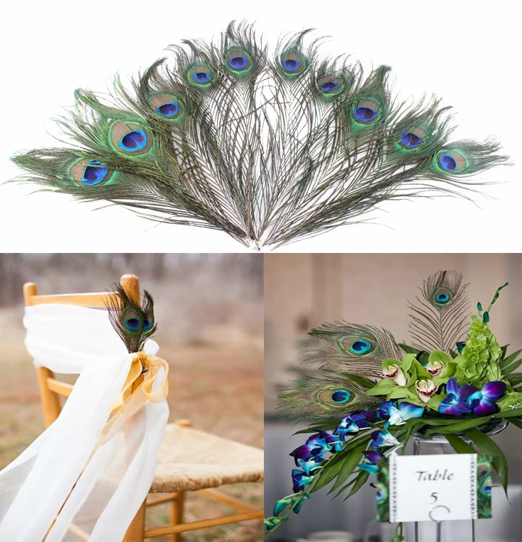 

APRICOT 10pcs/lot Natural Peacock Feather Wedding Decoration Flowers/Table/ Chairs/Invitation Card accessory Party Decoration