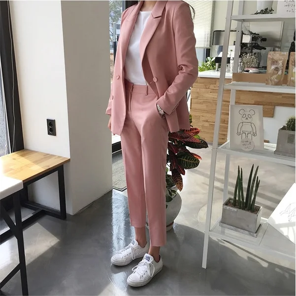 

Spring and Autumn Double-breasted Suit Jacket + High Waist Casual Nine Points Feet Pants Two Suit Women Clothes Women Outfits