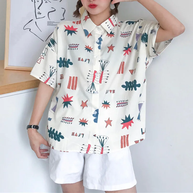 Kawaii Cartoon Short Sleeve Print Blouse Women Tops Turn Down Collar Shirts Ladies 2019 Summer Girls Loose Casual Blouse Female