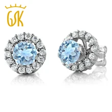 Gemstoneking 1.79 ct ronda auténtico cielo topacio pendientes 925 pendientes de plata esterlina con chaquetas de las mujeres