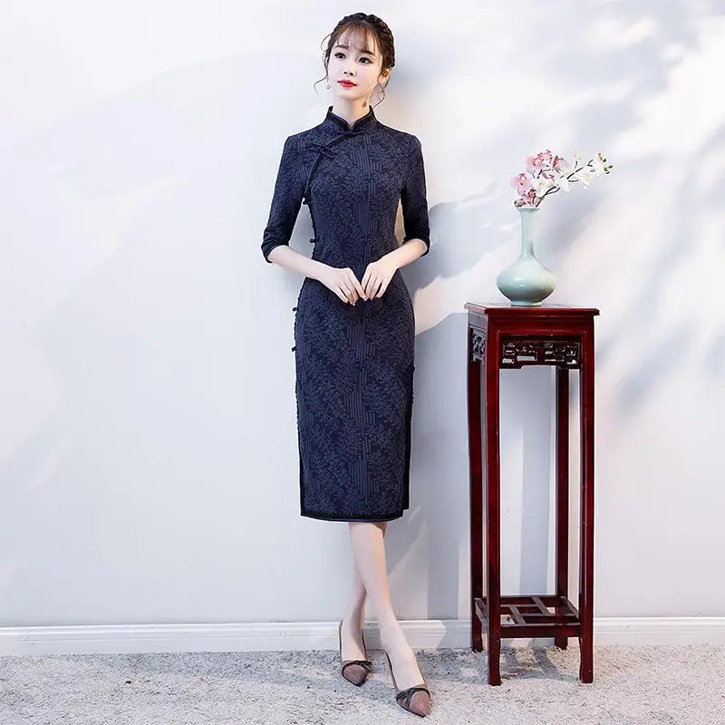 Благородный сексуальная длина до колена Cheongsam Новинка весны Винтаж платье в китайском стиле женские Qipao Тонкий Вечерние платья с пуговицами Vestido - Цвет: Тёмно-синий