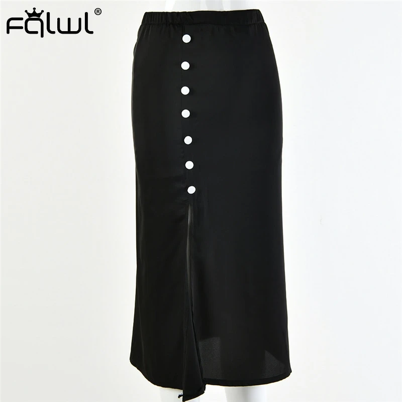 FQLWL, летняя сатиновая юбка с высокой талией, женская, черная, белая, элегантная юбка миди, женская, на пуговицах, повседневная, Пляжная, сексуальная, облегающая юбка - Цвет: Черный