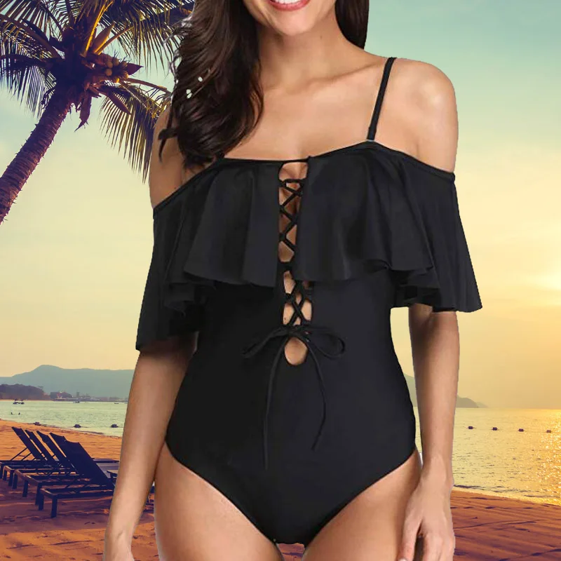 

New Sexy Off The Shoulder Solid Lace Up Swimwear Women One Piece Swimsuit Female Bathing Suit Ruffle Monokini Swim Wear S-XL