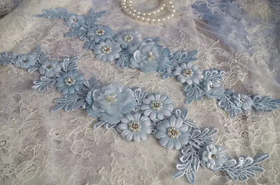

1 pc light blue Lace applique, bead lace applique with 3D flowers, handmade headpiece lace appliques