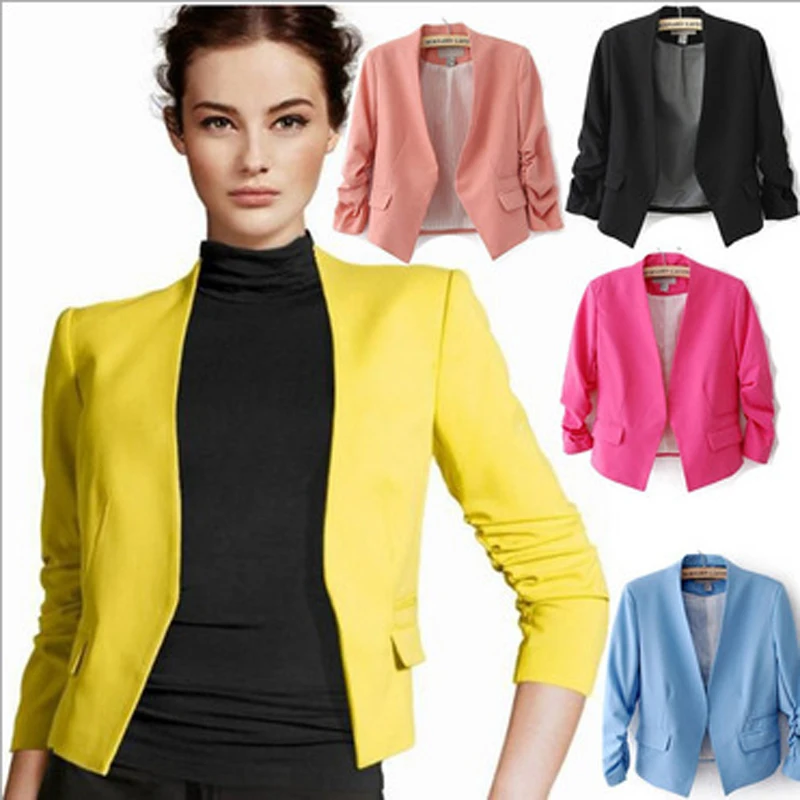 2016 lente collectie casual korte vrouwen pak geen kraag slim geel blazer feminino candy kleur dames jas kleuren WS736|jacket bridal|jacket heaterjacket - AliExpress