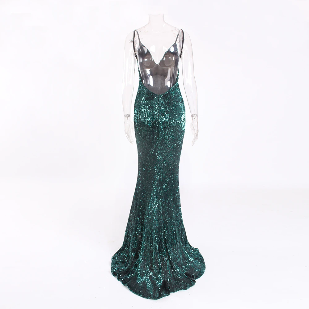 Sequin Hollow Out Padded V Neck Backless Floor Length Mermaid Dress