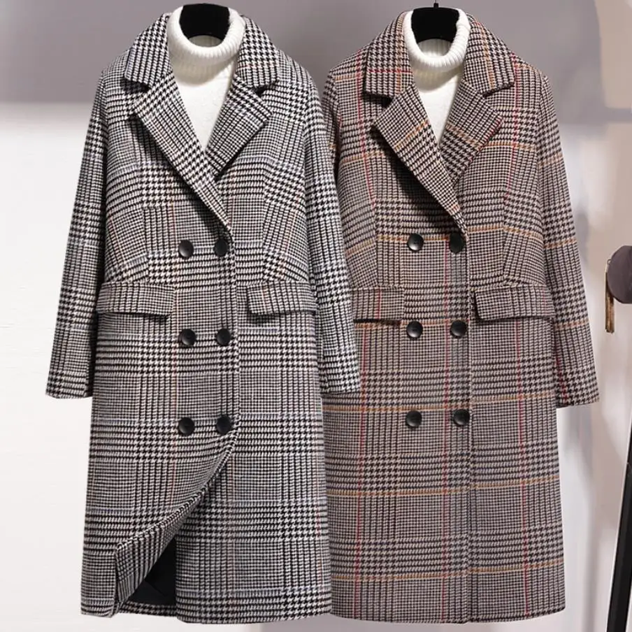 

women winter wool coat turn-down collar double breasted houndstooth plaid office elegant woolen overcoat