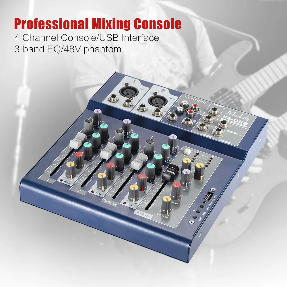 F4 4-Channel Live Sound Mixer Mixing Console 3-Band EQ USB Function 48V Phantom with Bulit-in Effect Processor Mic Input