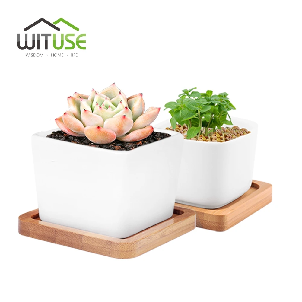 WITUSE S+L White Square Glazed Ceramic Succulent Planter