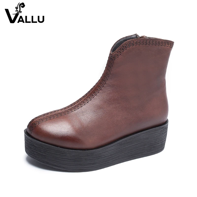 

2018 VALLU Genuine Leather Women Shoes Ankle Boots Handmade Round Toes Side Zipper Cowhide Flat Platform Ladies Boots