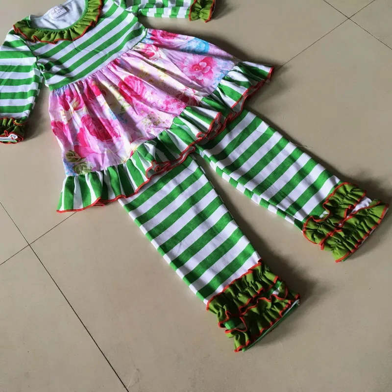 

Summer and Autumn and stripe kids Girls Dress with ruffle trim Bib Hot Sale and 3/4 sleeves Apparel Accessory For baby birthday