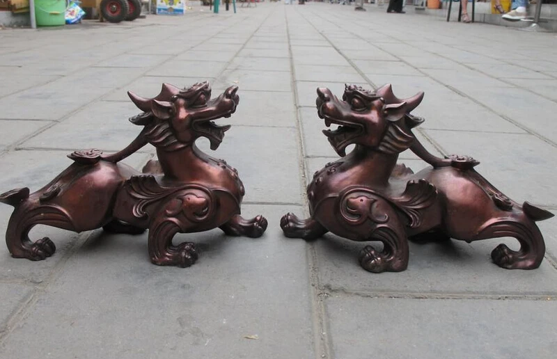 

bi003441 China red Bronze Palace Door Foo Dog Lion beast kylin Pi Xiu statue Pair