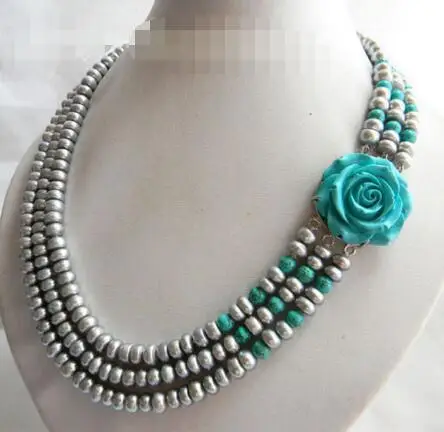 

Free Shipping >>>3Strands 18'' 8mm Gray Slice Freshwater Pearl Round Turquoise Necklace