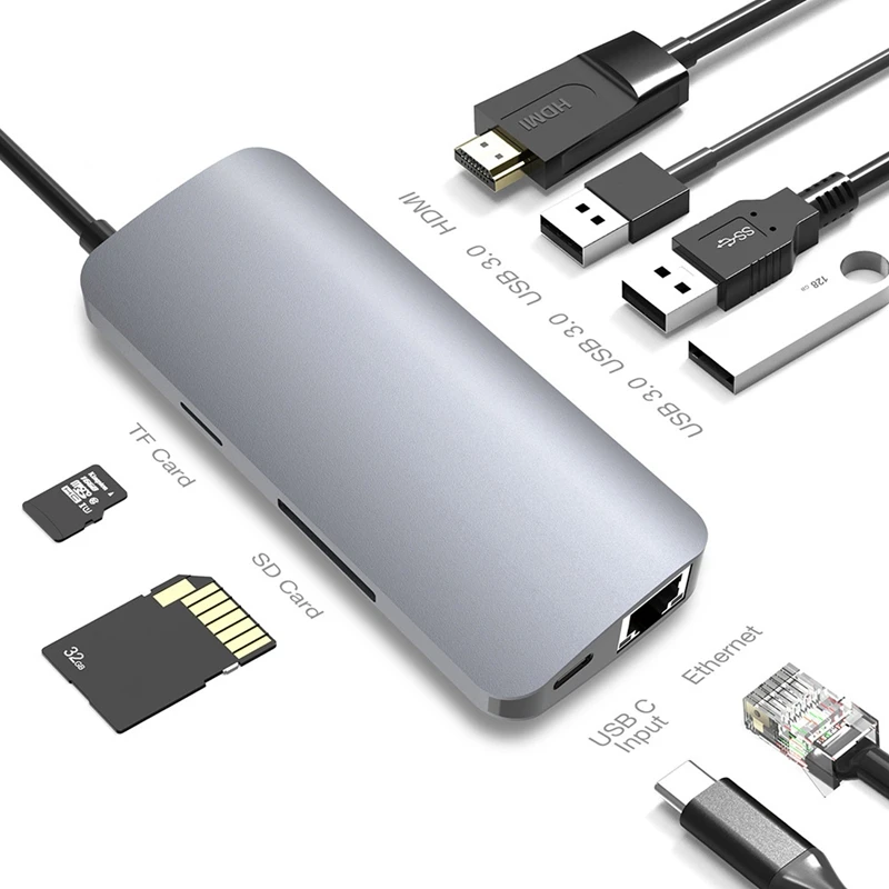 9 в 1 type-C концентратор для Hdmi Usb 3,0 Sd Tf Pd Rj45 Vga Ethernet Lan кардридер адаптер