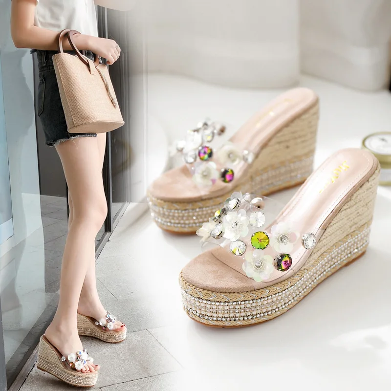 

with rhinestones female summer 2019 ladies Summer Med water slippers flower heels Rubber leather clear slides clogs platform