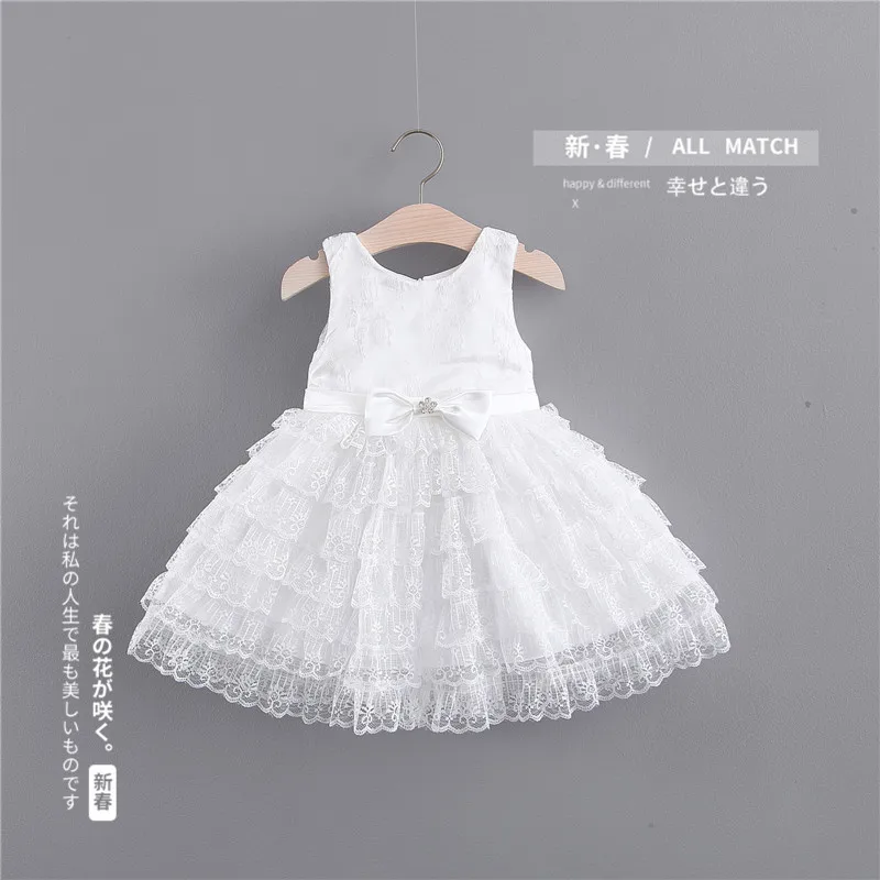 Vestido infantil/прямые продажи, платье для маленьких девочек Новая летняя детская одежда г. Однотонное многослойное платье с бантом на талии - Цвет: Белый