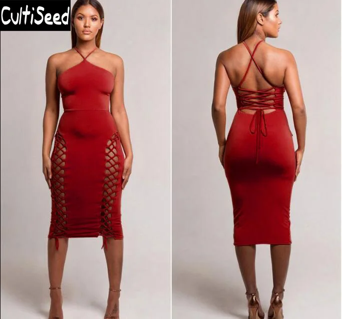 

Sexy Spaghetti Strap Off the Shoulder Backless Lacing up Bandage Hollow Out Hip Party Dresses Female Solid Color Nightclub Dress