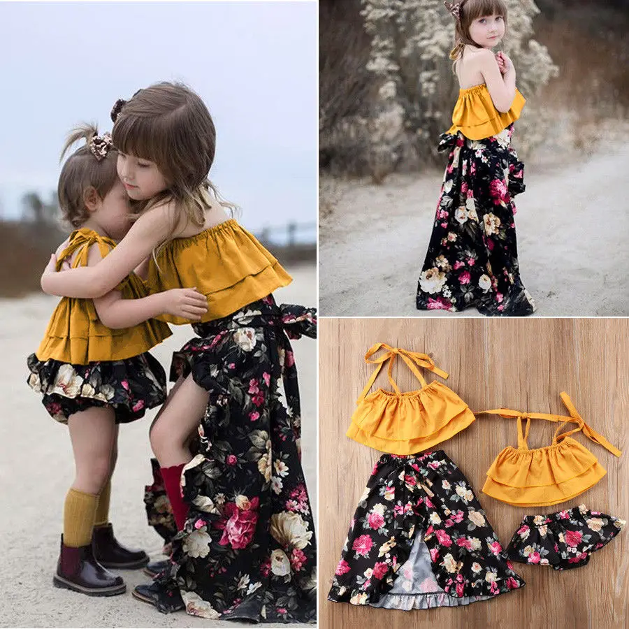 

PUDCOCO Toddler Baby Kids Girls Sisters Floral Tops+Shorts or Dress Casual Girl Summer Outfits Sleeveless Cute Pop Two PIece Set