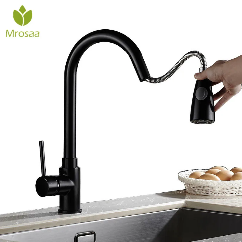 

Kitchen Pull Out Cool Black Painted Finish Flexible Hot and Cold Mixer Taps Deck Mount Swivel Faucet Ceramic Disc Basin Faucets