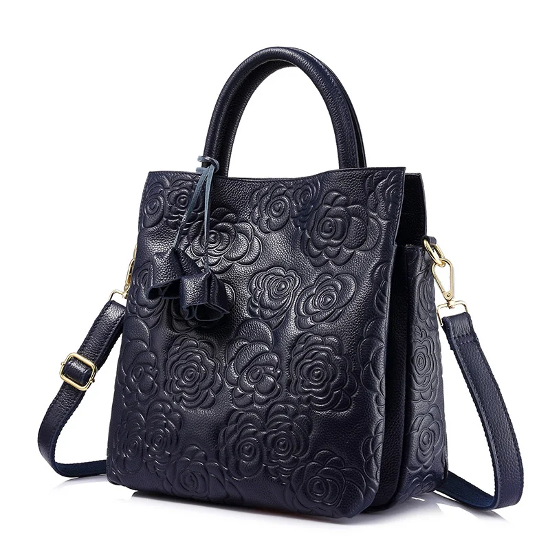 Realer Кроссбоди натуральная кожа женские сумки кожаная черная сумка Высокое качество Цветочные тиснением Сумочка Дамы Сумка - Цвет: Dark Blue