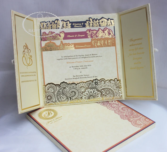 HI1091 - 18 Personalized Hard Cover Gate Fold Wedding Card with Gold Foil