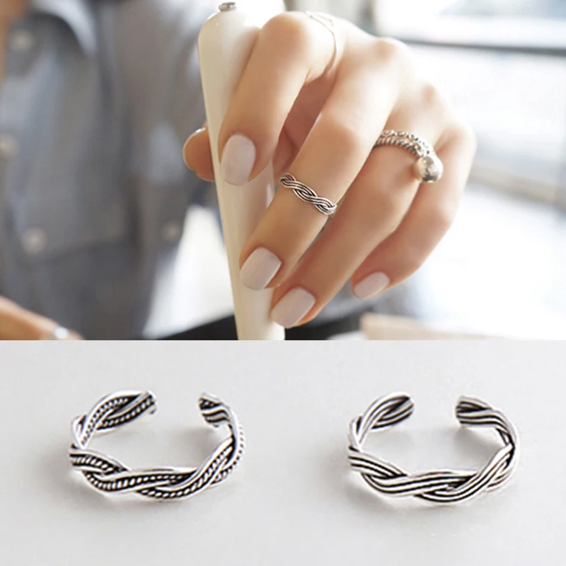 

ROCKART Standard 925 Sterling Silver 2 Styles Retro Fashion Twisted Line Knuckle Open Ring For Women Adjustable Fine Jewelry