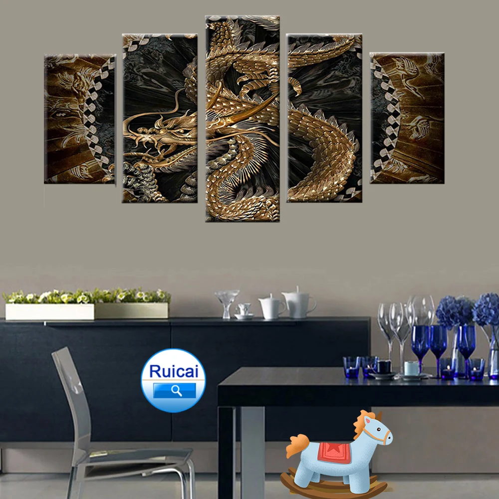 

HD printing 5 pieces China Golden Dragon poster canvas living room home decoration oriental culture art picture frame