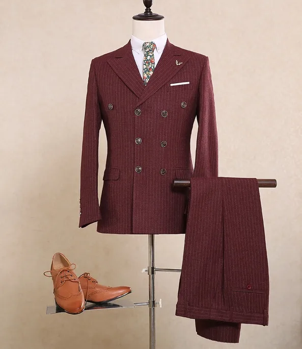 NA12(пальто+ брюки+ жилет) бордовые мужские костюмы в полоску с двойной грудью формальные деловые мужские костюмы Одежда для жениха свадебный костюм - Цвет: Pic Color