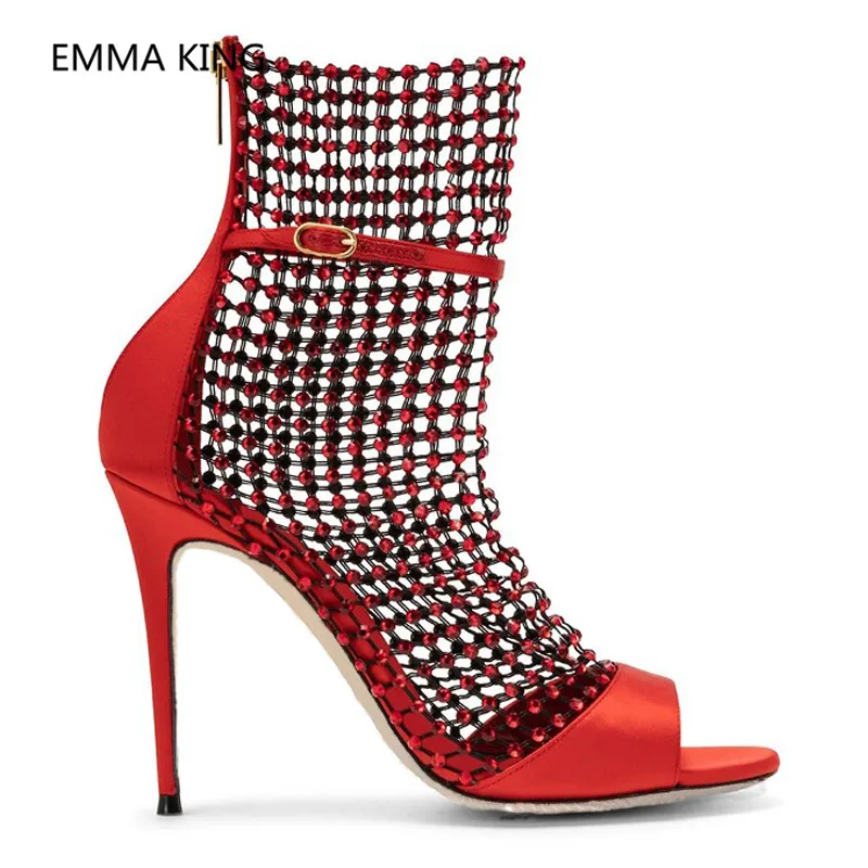 New Design Mesh Crystal Women Summer Ankle Boots Gladiator Sandals Peep Toe Hollow Sexy High Heel Elegant Ladies Shoes Gladiator