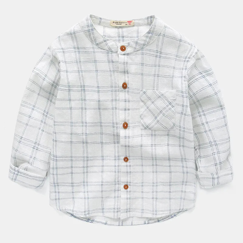 Весенне-летние повседневные рубашки для маленьких мальчиков детская одежда с воротником-стойкой белые клетчатые топы с длинными рукавами для детей от 2 до 8 лет