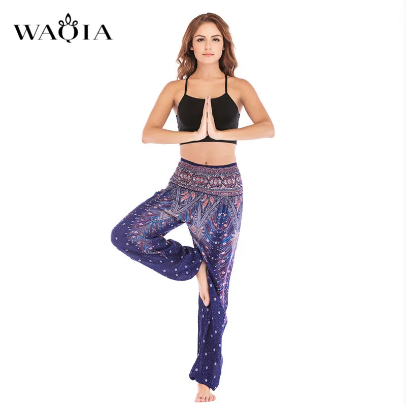 

WAQIA Peacock Feather Floral Printed Stretchy High Rise Straight Loose Leggings Lounge Bloomers Pocket Trouser Pants Harem Pants
