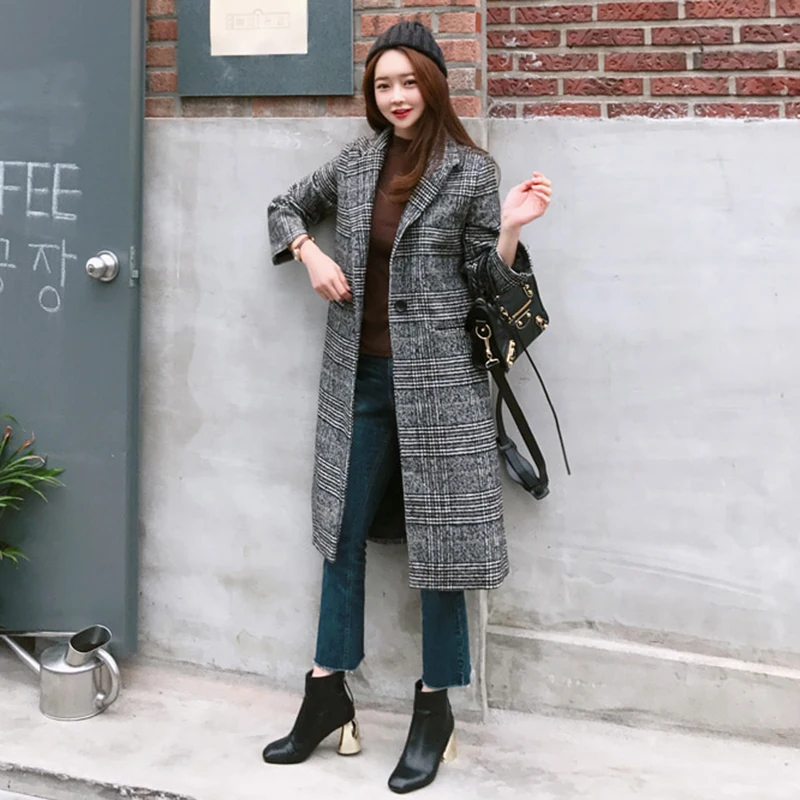 2018 Spring Autumn Women's Wool Plaid Coat New Fashion Long Woolen Coat Slim Type Female Winter Wool Jackets Female Outw