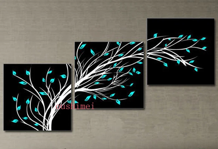 New Flower Oil Painting Hand Painted 3 Piece Set Black White Blue Canvas Landscape Living Room
