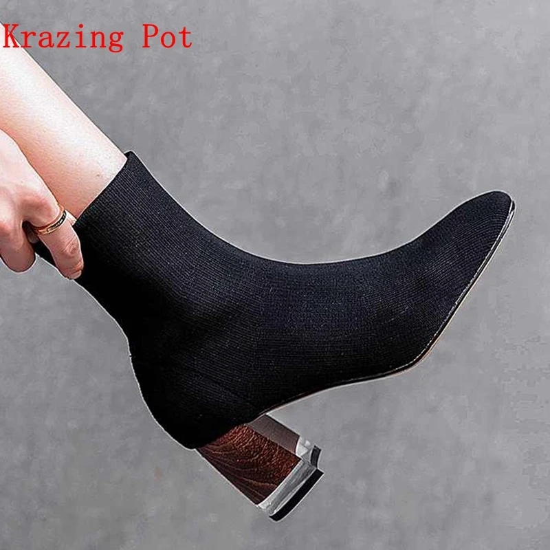 

Krazing Pot stretch fabric round toe wooden crystal with high heel British school superstar slip on elegant women sock boots L13
