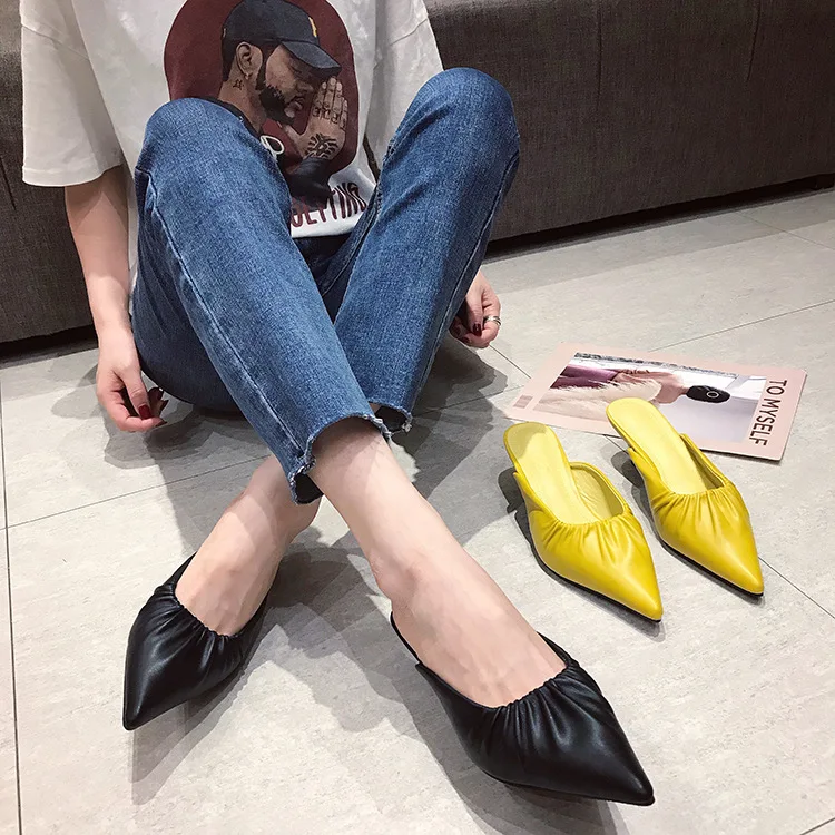 

Shoes Slides Pointed Toe Thin Heels Slippers Women Summer Med Low Socofy Sliders Cover Soft 2019 Rome Basic PU Rubber Thin